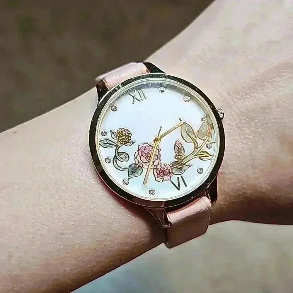 Accutime Soft Pink Band Watch with Gold Lined Rose Flower Accents on Face